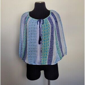 Arizona Jean Peasant Blouse Blue Paisley Tassle Boho Gypsy Festival Indie Medium